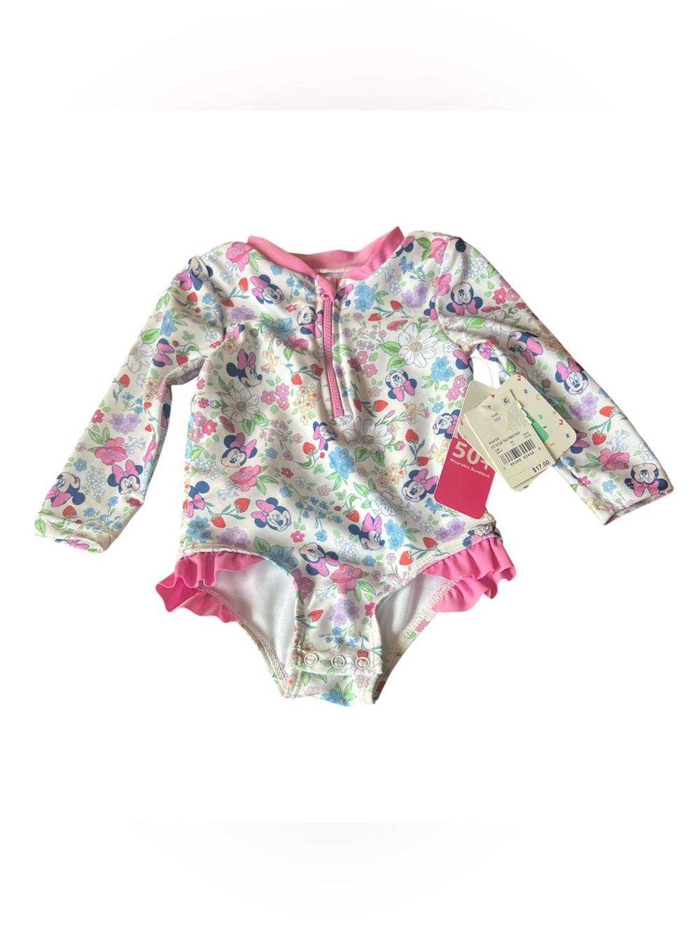 Girls Long Sleeve Floral Minnie Mouse One-Piece Swimsuit - Pink White
Size 9M